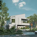Modern Single Family House With Large Glass Windows Surrounded by Lush Greenery and Landscaped Entrance