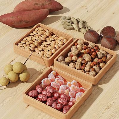 Sweet Potatoes Assorted Nuts Dried Fruits And Candies in Wooden Boxes on Wooden Table 3d model