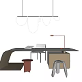 Modern Sleek Desk Interior With Hanging Light Red Table Lamp And Stools 3d model