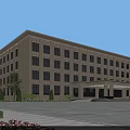 Modern Light Colored Office Building With Numerous Windows Symmetrical Design And Front Plaza Greenery