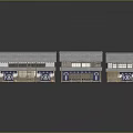 Traditional Japanese Building Models Featuring Gray Roofs Blue Facades White Symbols in Connected Row