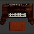 Antique Wooden Pipe Organ With Tall Pipes Keyboard And Red Stool
