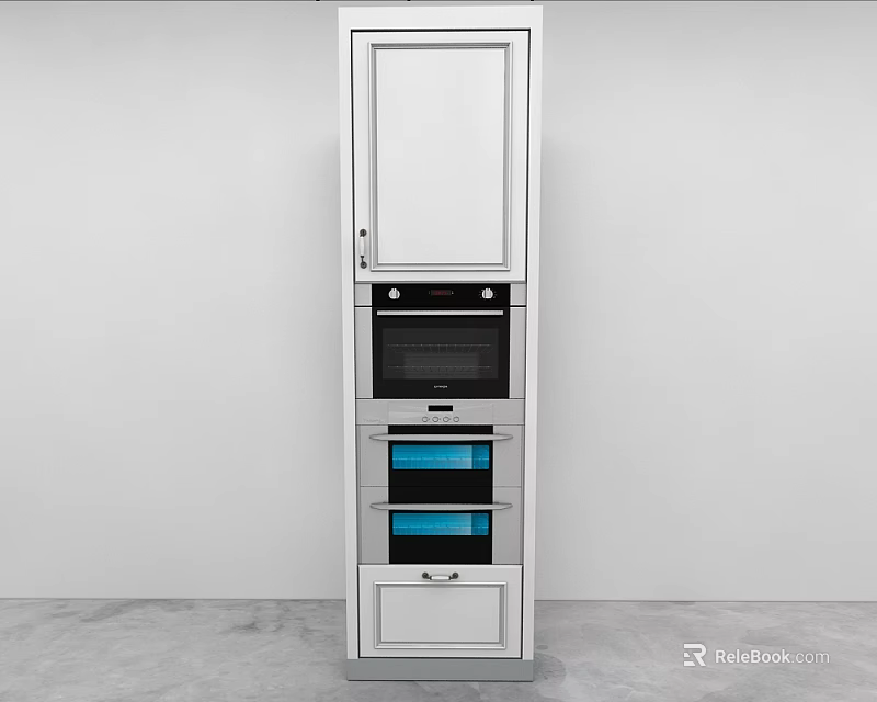 Modern Tall Kitchen Storage Unit With White Cabinet Oven And Blue Drawers 3d model 