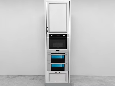 Modern Tall Kitchen Storage Unit With White Cabinet Oven And Blue Drawers 3d model