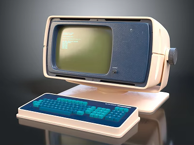 Vintage Computer Monitor With Green Screen And Blue Keyboard 3d model