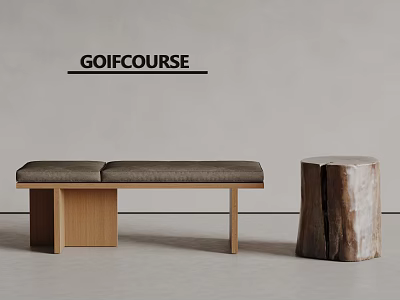 Minimalist Interior With Wooden Padded Bench And Natural Stump Stool 3d model