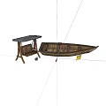 Wooden Boat with Oars and Yellow Buoy Nearby Wooden Table with Stone Top