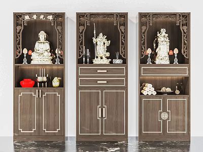 Wooden Chinese Style Buddhist Shrine Cabinet with Intricate Carvings Buddha Statues Candle Holders and Offerings 3d model