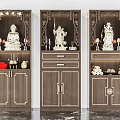 Wooden Chinese Style Buddhist Shrine Cabinet with Intricate Carvings Buddha Statues Candle Holders and Offerings