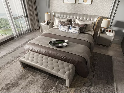Elegant Modern Double Bed Interior With Upholstered Headboard Nightstands Table Lamps And Tufted Bench 3d model