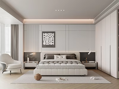 Modern Bedroom Interior With White Bed Wardrobe Bedside Tables And Decorative Art 3d model