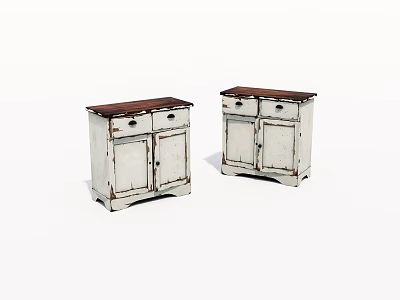 Vintage White Cabinets With Distressed Finish Wooden Top And Drawer Design 3d model