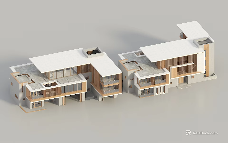 Modern Detached Villa With White Roof Wooden Facade Large Windows And Terrace Design 3d model 