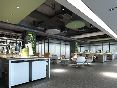Modern Public Office Space With Open Design Desks Computers Green Plants And Ceiling Lighting 3d model