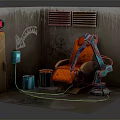 Industrial Recliner Chair With Robotic Arm Graffiti Wall And Damp Floor Setting