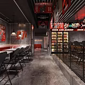 Stylish Restaurant Interior With Bar Counter Beer Spirits Bottles Pendant Lights And Red Black Decor