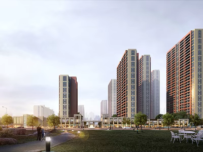 Modern High Rise Residential Buildings With Green Lawn Trees And Outdoor Seating Area 3d model