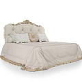 Elegant Light Colored Double Bed With Carved Headboard Frilled Bedspread And Decorative Pillows