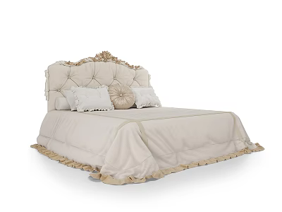 Elegant Light Colored Double Bed With Carved Headboard Frilled Bedspread And Decorative Pillows 3d model