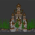 Cartoon Scene Of Multi Layered Wooden Tower With Green Roofs Pine Trees And Stone Bases
