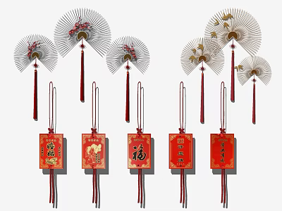 Traditional Chinese Hanging Decorations with Fan Shaped Designs Red Fortune Charms and Zodiac Patterns 3d model