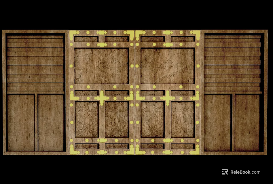 Vintage Paneled Wooden Door Featuring Intricate Brass Decorations And Metal Accents 3d model 
