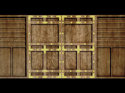 Vintage Paneled Wooden Door Featuring Intricate Brass Decorations And Metal Accents 3d model