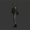 Man in Military Camouflage Uniform Wearing Helmet and Tactical Vest Isolated on Gray Background