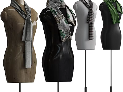 Mannequins Displaying Scarves In Various Colors And Patterns On Wooden Black White Bodies 3d model