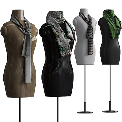 Mannequins Displaying Scarves In Various Colors And Patterns On Wooden Black White Bodies 3d model