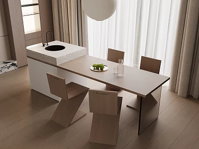 Modern Bar Counter With Wooden Top And Four Matching Chairs Under Pendant Lighting 3d model