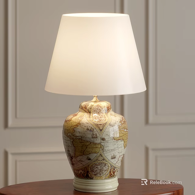 Classic Table Lamp With White Lampshade And World Map Patterned Base For Indoor Decor 3d model 