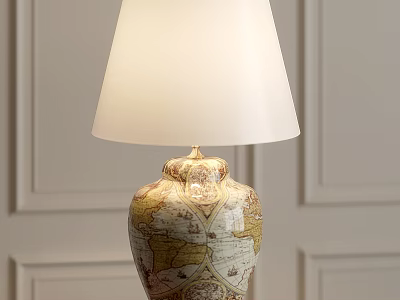 Classic Table Lamp With White Lampshade And World Map Patterned Base For Indoor Decor 3d model