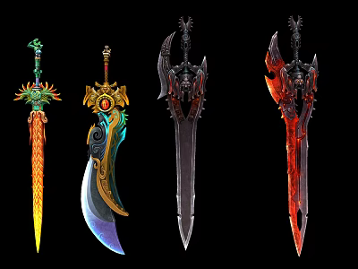 Fantasy Weapons Collection With Ornate Designs And Vibrant Colorful Blades 3d model