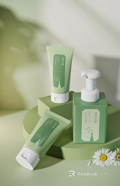 Green Skincare Products With Natural Style Tube And Pump Packaging 3d model 
