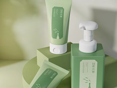 Green Skincare Products With Natural Style Tube And Pump Packaging 3d model