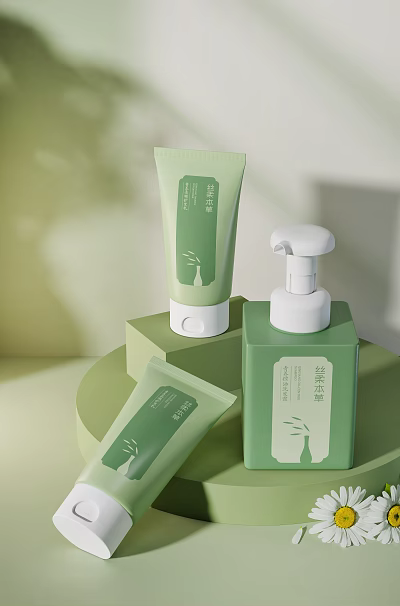Green Skincare Products With Natural Style Tube And Pump Packaging 3d model