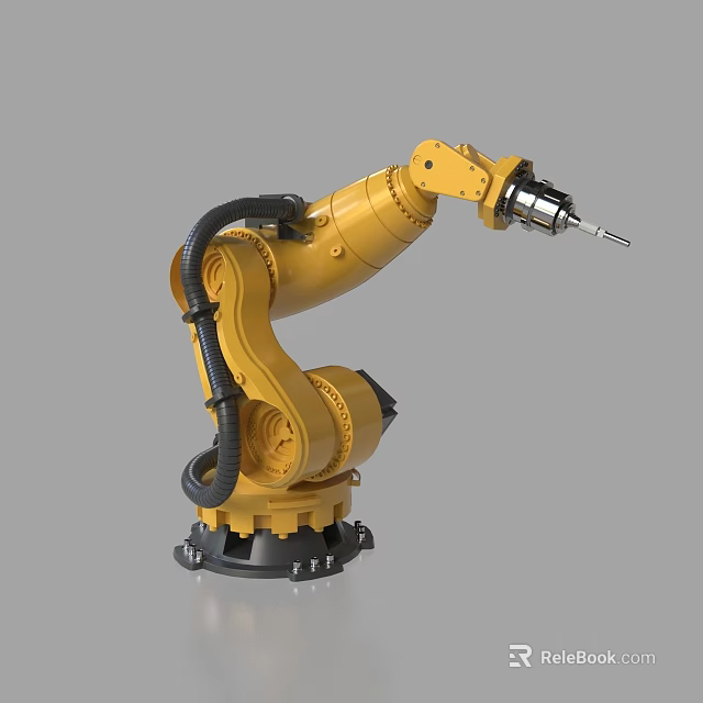 Yellow Industrial Robotic Arm With Black Cables Stable Base And Precision End Tool 3d model 