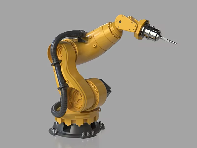 Yellow Industrial Robotic Arm With Black Cables Stable Base And Precision End Tool 3d model