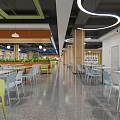 Modern Cafeteria Interior With Waste Sorting Area And Bright Lighting Tables Chairs 3d model