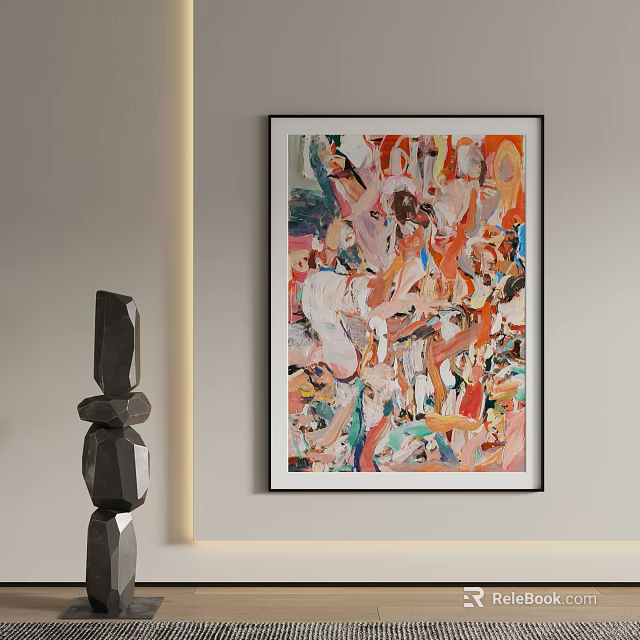Vibrant Abstract Wall Art With Black Geometric Sculpture In Modern Interior Decor 3d model 