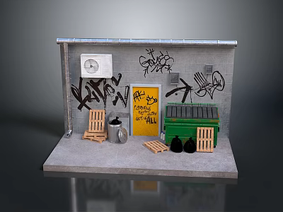 Urban Alleyway Scene With Graffiti Wall Yellow Door Green Trash Bin And Wooden Chairs 3d model