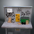Urban Alleyway Scene With Graffiti Wall Yellow Door Green Trash Bin And Wooden Chairs