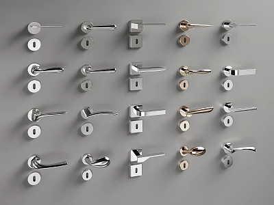 Metal Door Handles And Locks In Various Modern Designs On Gray Background 3d model