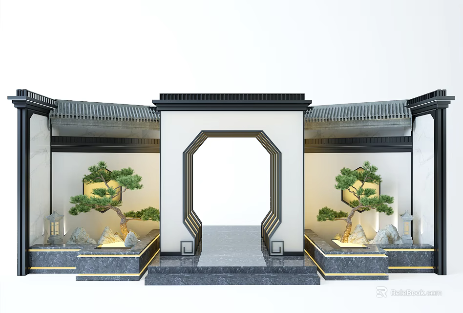 Traditional Chinese Garden Ornament With Moon Gate Arch Pine Trees Rockery And Stone Lanterns 3d model 