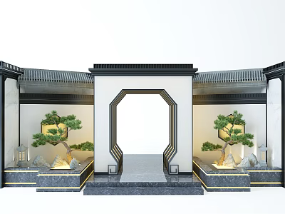Traditional Chinese Garden Ornament With Moon Gate Arch Pine Trees Rockery And Stone Lanterns 3d model