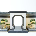 Traditional Chinese Garden Ornament With Moon Gate Arch Pine Trees Rockery And Stone Lanterns