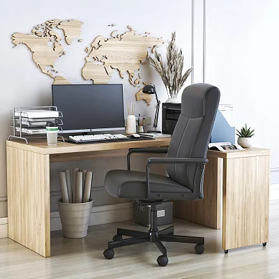 Wooden Office Desk With Ergonomic Chair And World Map Decor For Workspace Setup 3d model