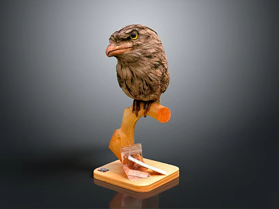 Realistic Bird Head Sculpture Mounted on Wooden Base With Stone or Crystal Decorations 3d model