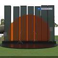 Outdoor Stage Setup With Orange Circular Structure Glass Curtain Wall And Lighting Equipment At Sunset
